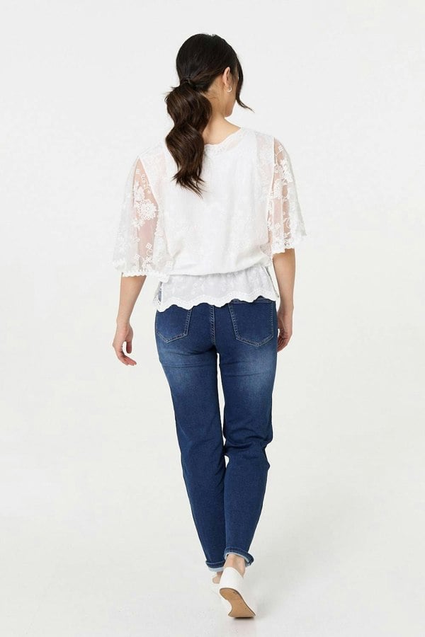 White | Broderie Anglaise Semi Sheer Peplum Top
