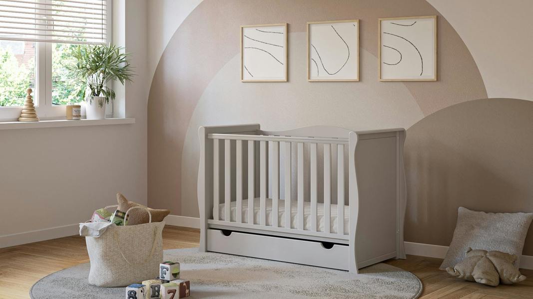Viculii Willow Cashmere Sleigh Mini Cot Bed with Drawer and Pocket Sprung Hypoallergenic Mattress