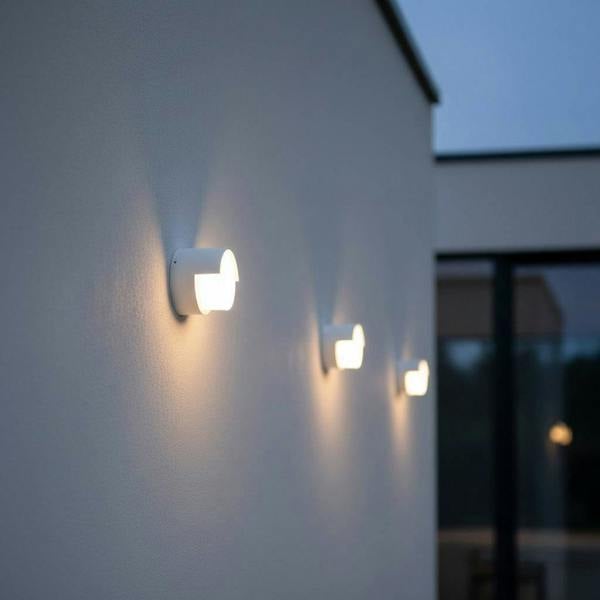 white garden wall light mounted in a row on a white wall of a modern house