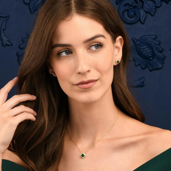 namana Gold Plated Sterling Silver Green Cubic Zirconia Cushion Halo Stud Earrings