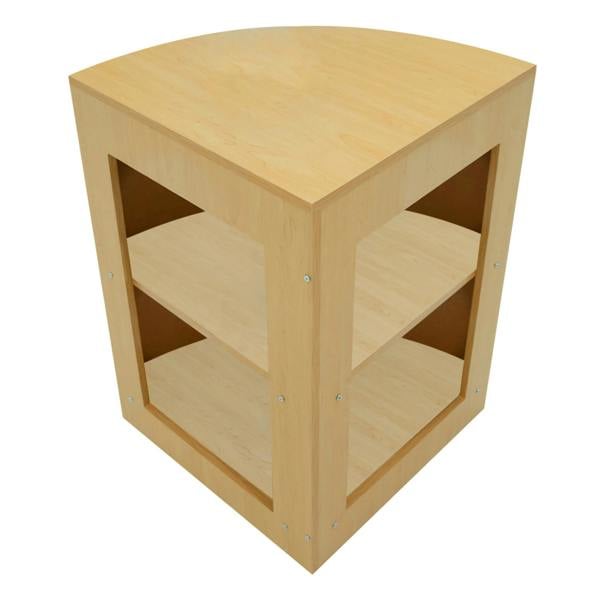 Hera LED Shop Counter Set featuring a maple finish, curved top, and two open shelves for stylish retail display and storage