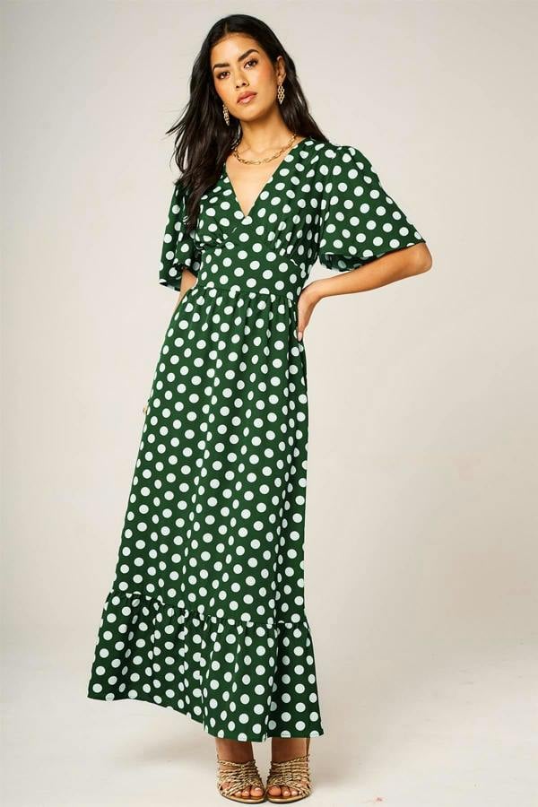 FS Collection Dot Print Angel Sleeve V Neck Frill Hem Midi Dress In Green