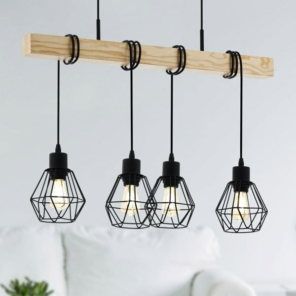 EGLO Townshend 5 Black/Natural Metal And Wood 4-Light Geometric Pendant - Industrial Style (L) 70cm