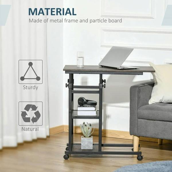 Metal frame and particle-board industrial side table with rustic brown top and rolling shelves
