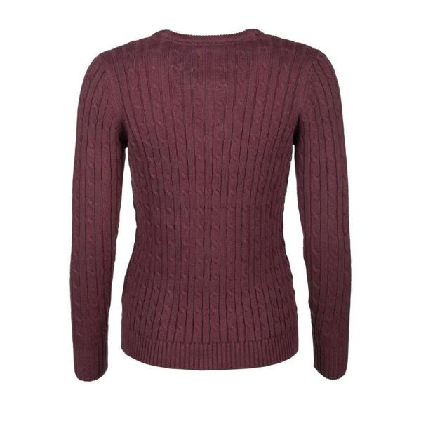 Back view of the Rydale Emma V Neck Cable Knit Jumper in burgundy, featuring a classic cable knit pattern, ribbed hem and cuffs.