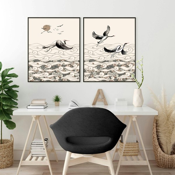 Chinoiserie prints | set of 2 Japanese Crane Art wall art