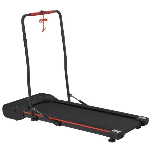 Black and red foldable walking treadmill with curved safety handle and control console