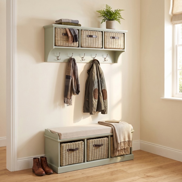 Statement Furniture Tetbury Hanging Shelf and Bench Set with Storage - Large - Sage Green