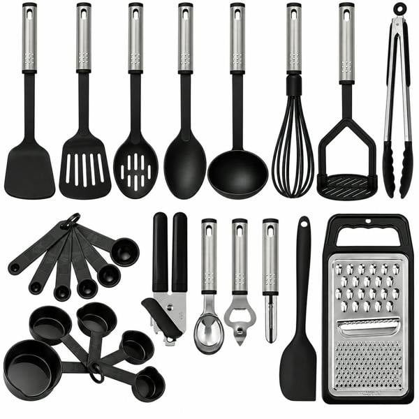 ATEK 24 Piece Silicone Kitchen Utensil Set Cooking Tools Black with Stainless Steel Handles