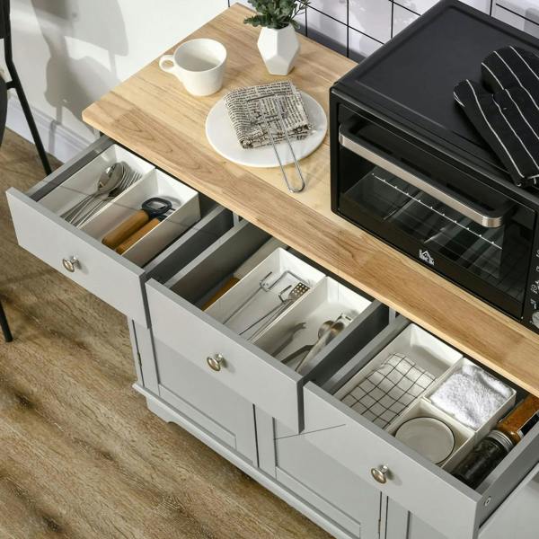 Grey sideboard with rubberwood top, open drawers and shelves for utensils and kitchen storage