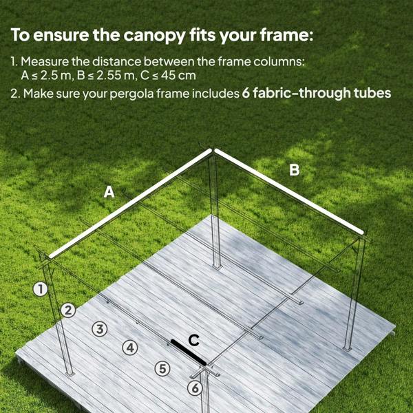 Tan pergola canopy cover layout showing fabric-through tubes and frame-fit guide