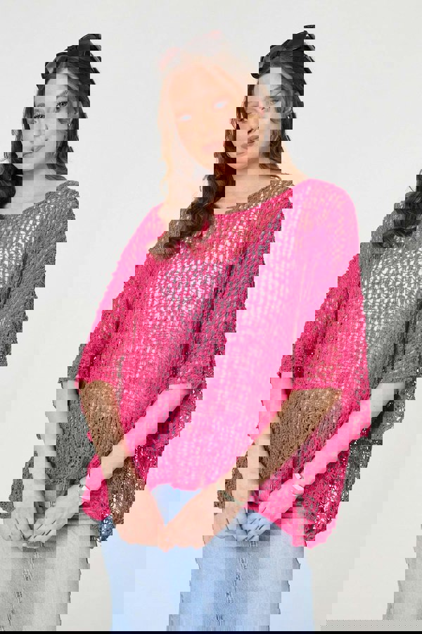 Pink | Crochet Knit Texture Batwing Sleeve Top
