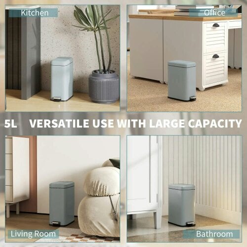 Bobobiy 5L Rectangular Compact Bin Steel Body Removable Bucket Quiet-Close Lid with Pedal Lid Rubbish Trash Can Office Bedroom Bathroom Living Grey