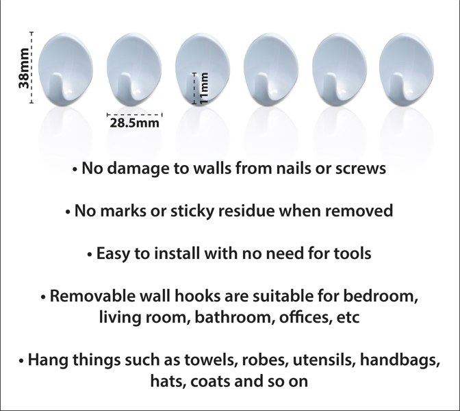 St Helens Small Self Adhesive Oval Shaped Plastic Hooks (Pack of 6)