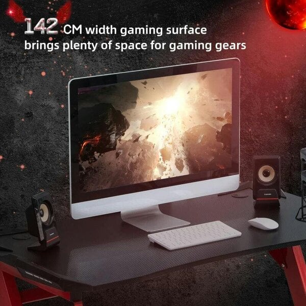 142 x 66 cm Gaming Desk, Carbon Fibre Covered Computer Desk, Gamer Workstation - Headphone Hook, Cup Holder & Gamepad Storage Rack