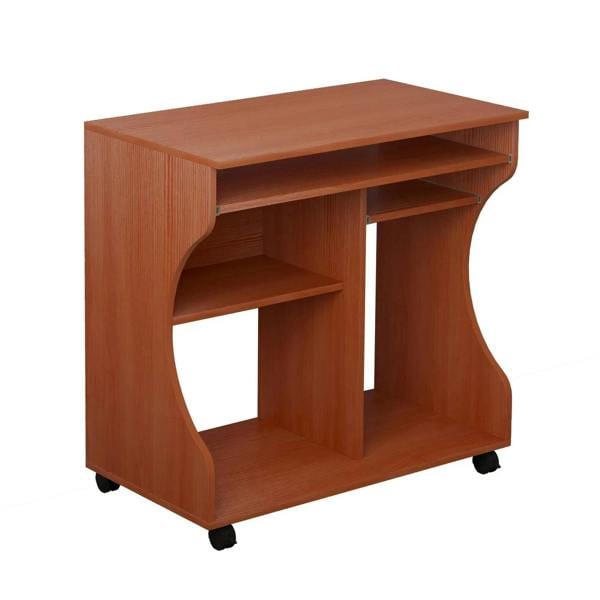 Cherry wood compact work desk with open shelves and rolling casters