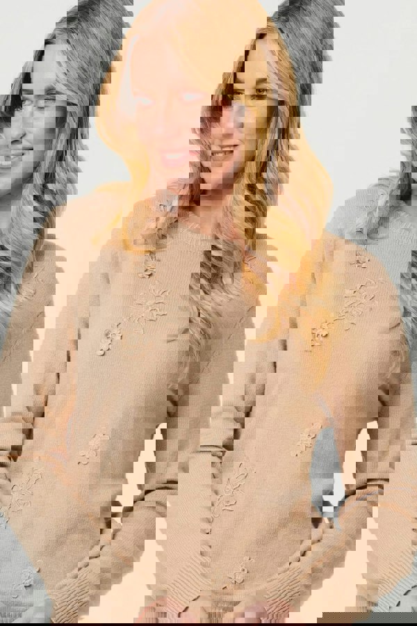Beige | Floral Textured Detail Relaxed Jumper
