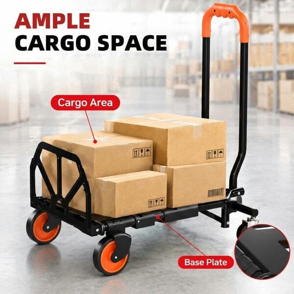 Bobobiy Steel 2-in-1 Folding Hand Truck on Wheels, Foldable Trolley with Foldable Base, 120kg, Black and Orange