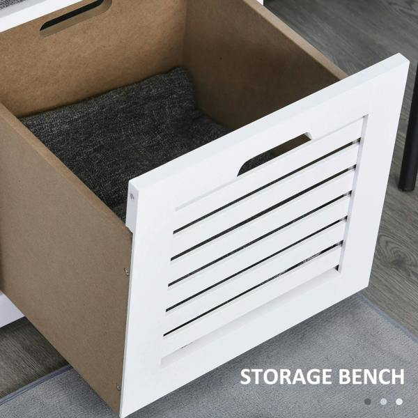 White shoe storage bench with open interior storage and slatted drawer front panels