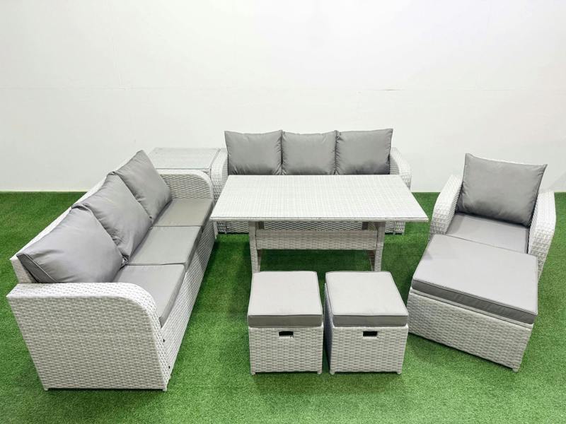 Fimous 10 Seater Poly Rattan Garden Furniture Patio Set, Dining Table, 3 Seater Sofa, Reclining Chair, 3 Seater Sofa, 3 Stools, Side Table, Light Grey