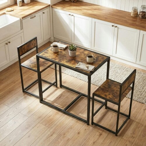 Wyld Haus Doel 3 Piece Rustic Brown Wood Effect Table And Stool Set