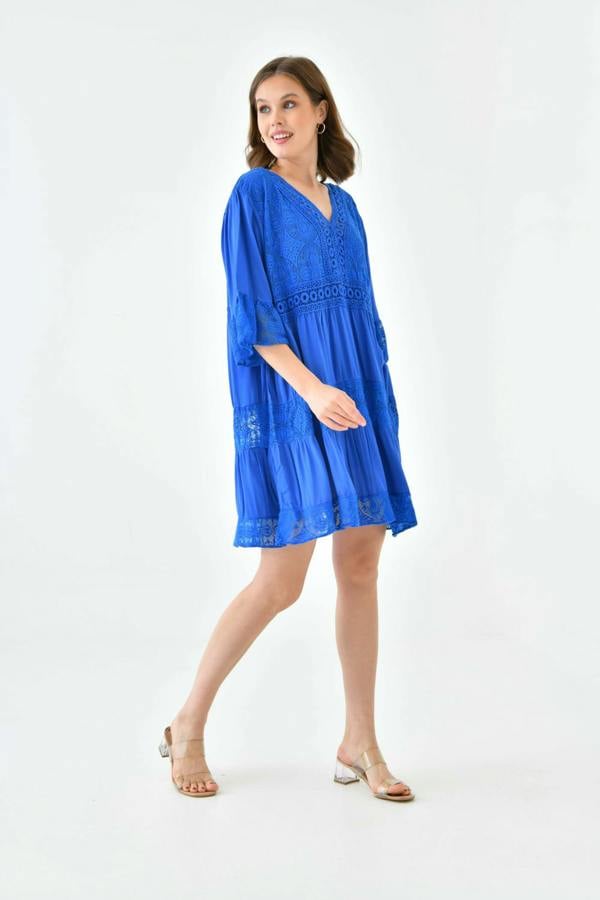 Hoxton Gal Oversized 3/4 Sleeves Lace Detailed V Neck Mini Dress in Royal Blue