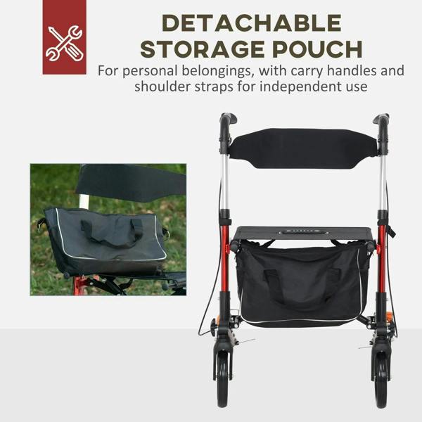 Rollator walker with detachable black storage pouch and carry handles