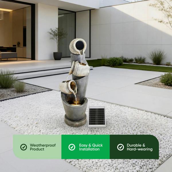 Gardenwize Solar Water Feature – 3 Tier Cascading Jar Fountain with LED Lights & Battery Backup