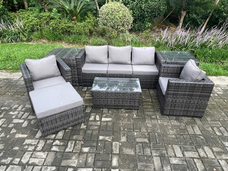 Fimous Outdoor Rattan Garden Lounge Sofa Set - Dark Grey Mixed Patio Furniture with 3-Seater Sofa, Coffee Table, 2 Armchairs & Big Footstool