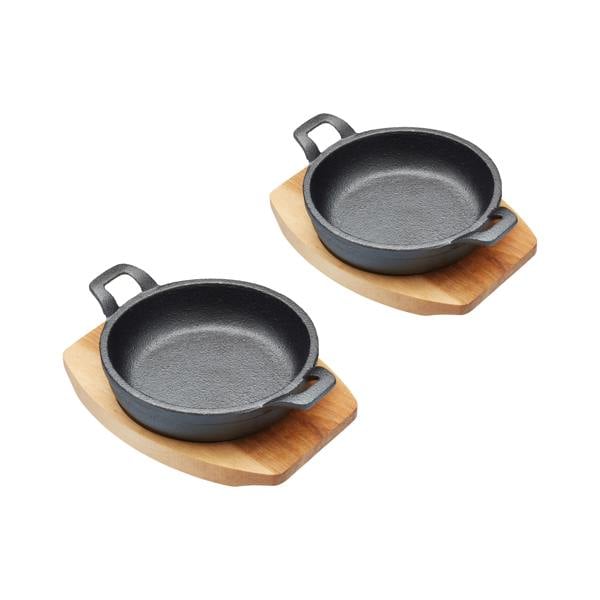 Artesà Cast Iron Mini 12.5cm Gratin Dishes with Maple Wood Boards for Appetisers and Tapas, Set of 2