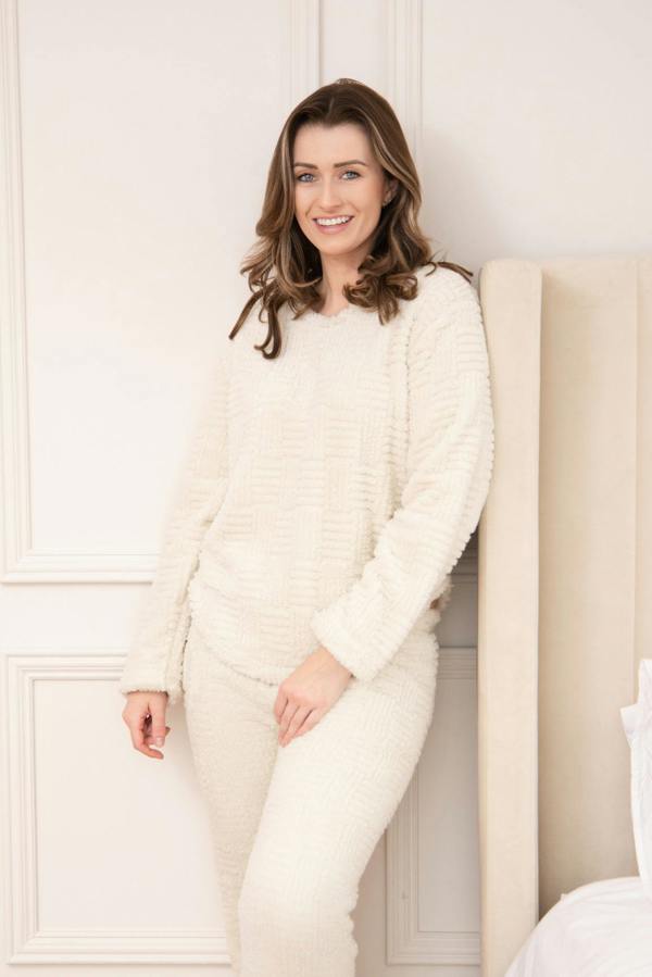 Camille Womens Supersoft Nude Textured Fleece Pyjamas with a Woven Pattern & Rope Detailing