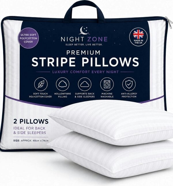 Night Zone Satin Stripe Pillows – Soft Hollow Fibre Hotel Quality Bed Pillows