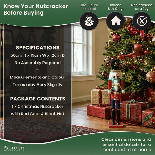 Large Christmas Nutcracker Figure, 50cm Tall Traditional Design in Red Coat and Black Hat, Indoor Festive Decoration Focal Point