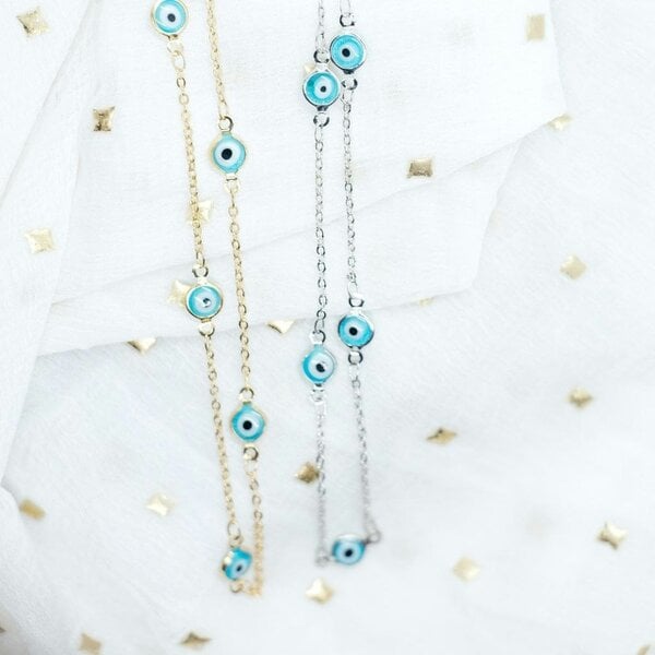 The Colourful Aura Evil Eye Gold and Silver Charm Protection Turkish Eye Blue Bead Choker Necklace