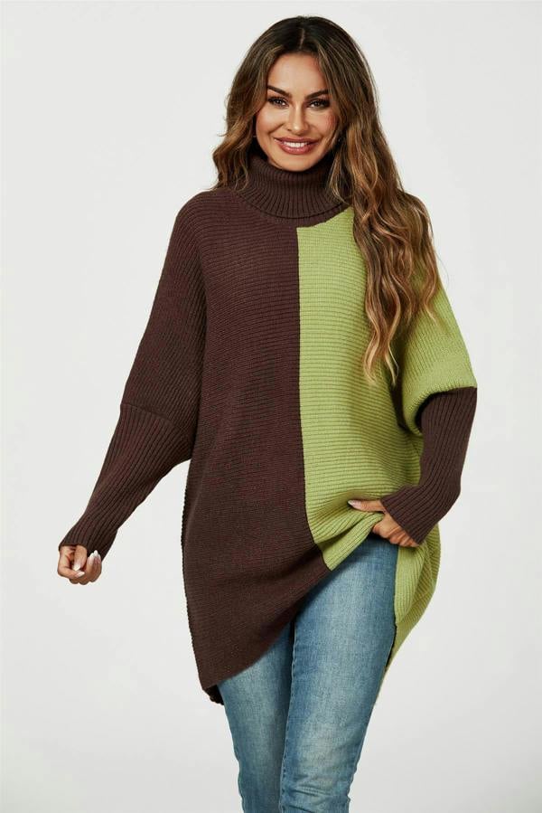 FS Collection High Neck Half Brown & Green Block Colour Jumper Top