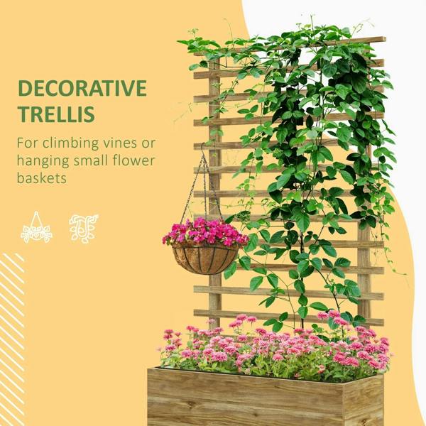 Natural wood raised planter with decorative back trellis for climbing plants