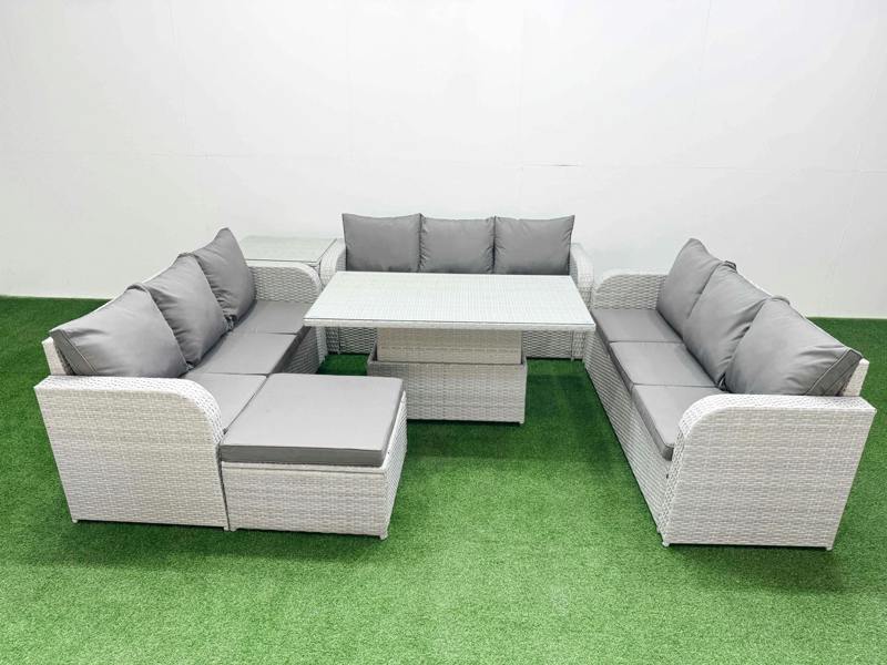 Fimous 10 Seater PE Rattan Garden Furniture Lounge Sofa Patio Set, Adj Height Table, 3 Seater Sofa, Big Footstool, Side Table, Light Grey