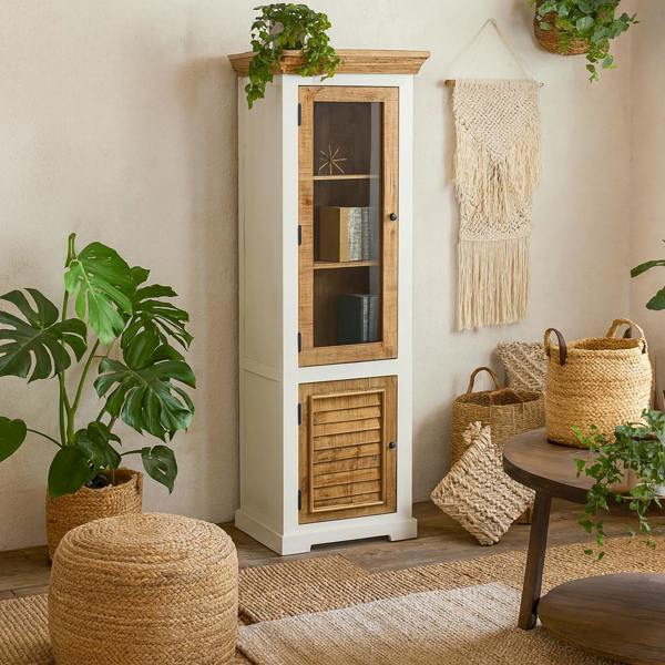 Wyld Haus Alington White and Natural Solid Wood Bookcase Display Cabinet With Shelves and Door
