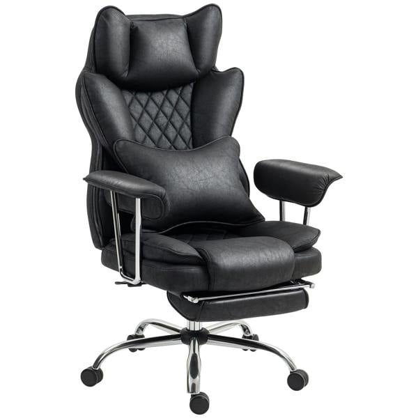 Black reclining office chair with padded lumbar support, tufted back, and armrests