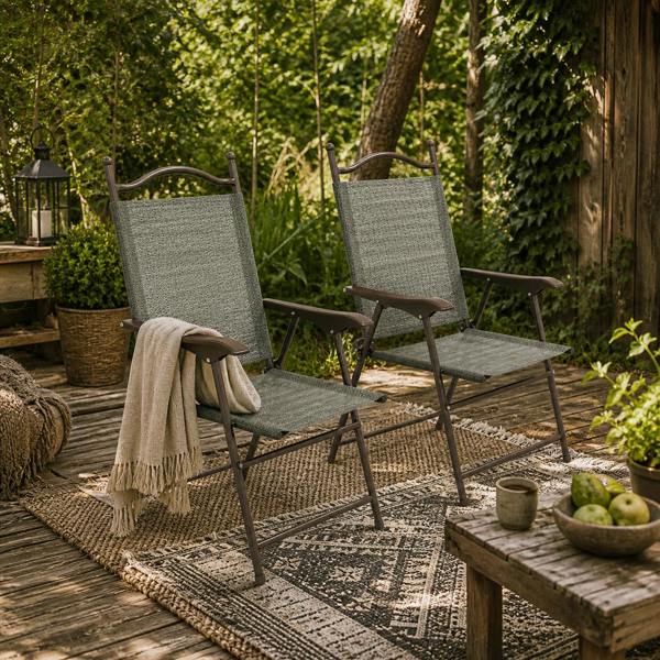 Wyld Haus Rone Bari Set Of 2 Metal Dark Grey Folding Garden Chairs With Fabric Mesh Seats