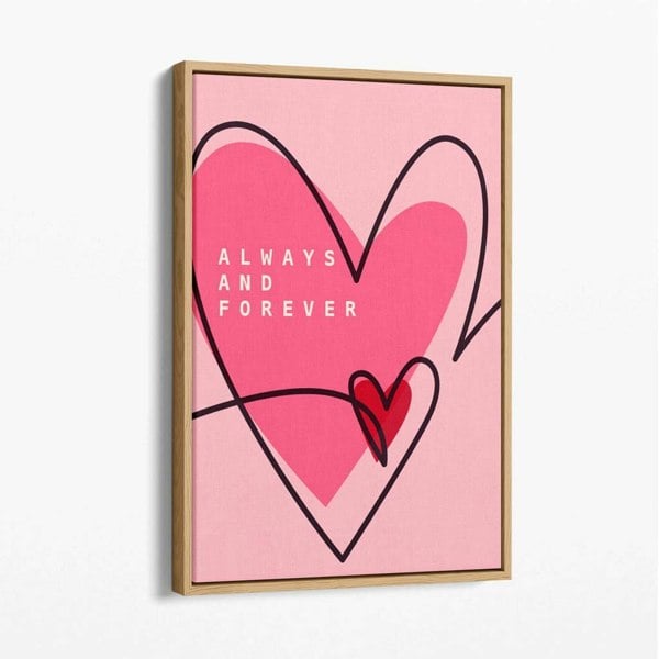 Always and Forever Sketch Hearts Canvas Art Print with Oak Float Frame