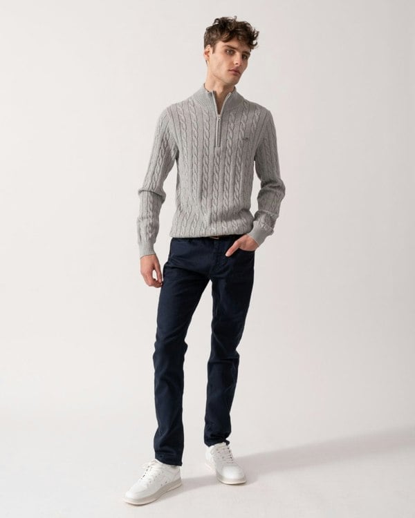 GANT Mens Cotton Cable Half Zip Jumper - 93 Grey Melange