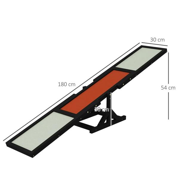 Black wooden dog agility seesaw balance board with light panels and orange middle