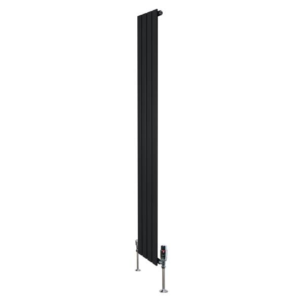 Flat single column radiator in sleek black finish, measuring 1800mm x 280mm, features modern design with matching valves