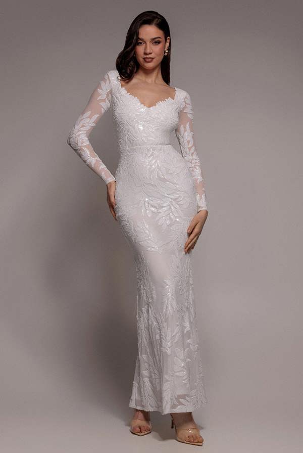 Sequin Leaf Long Sleeve Maxi Dress - White DR4359