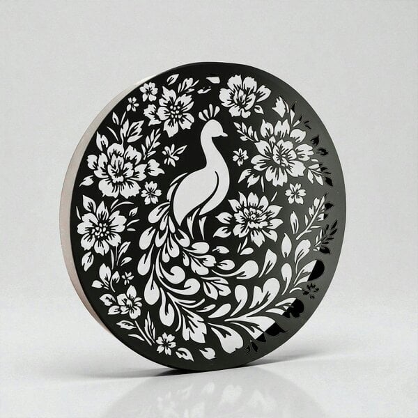 EDH Door Hardware Round Solar Wall Panel with Peacock Outdoor Metal Wall Art with LED Light Weatherproof Garden & Patio Décor | Circular Peacock Panel