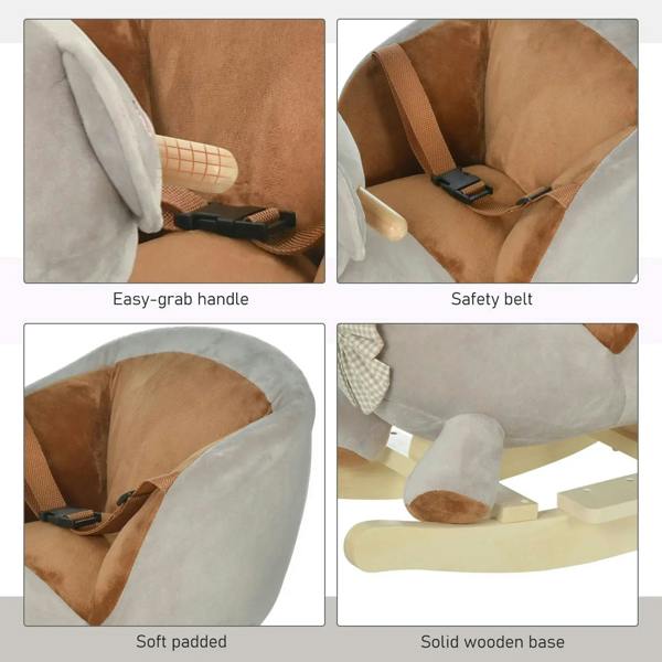 Grey plush bear ride-on details: easy-grab handle, safety belt, padded seat, wooden base
