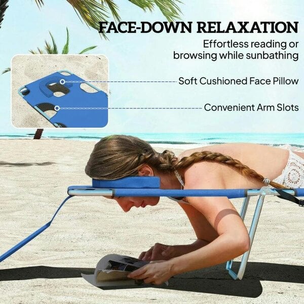 Bobobiy 5-Position Adjustable Sun Loungers Set of 2 with Reading Hole and Side Pocket, Blue