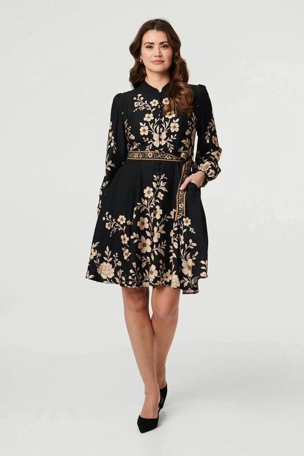 Black | Floral Tie Waist A-Line Knee Length Dress