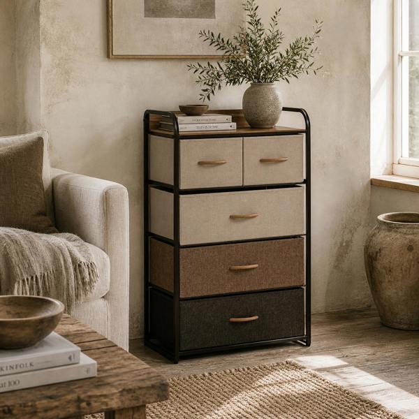 Wyld Haus Neelvefa Metal And Wood Neutral Finish 5 Fabric Storage Drawer With Steel Frame